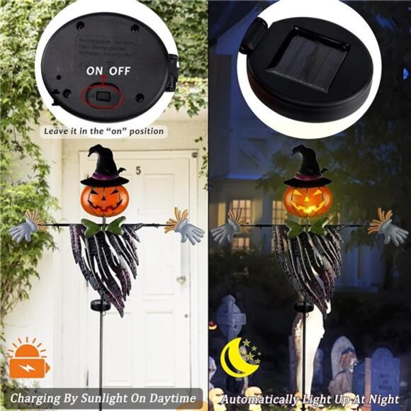 Halloween Yard Stake, 46.4" Solar Lighted Metal Pumpkin Head - Picture 3 of 8